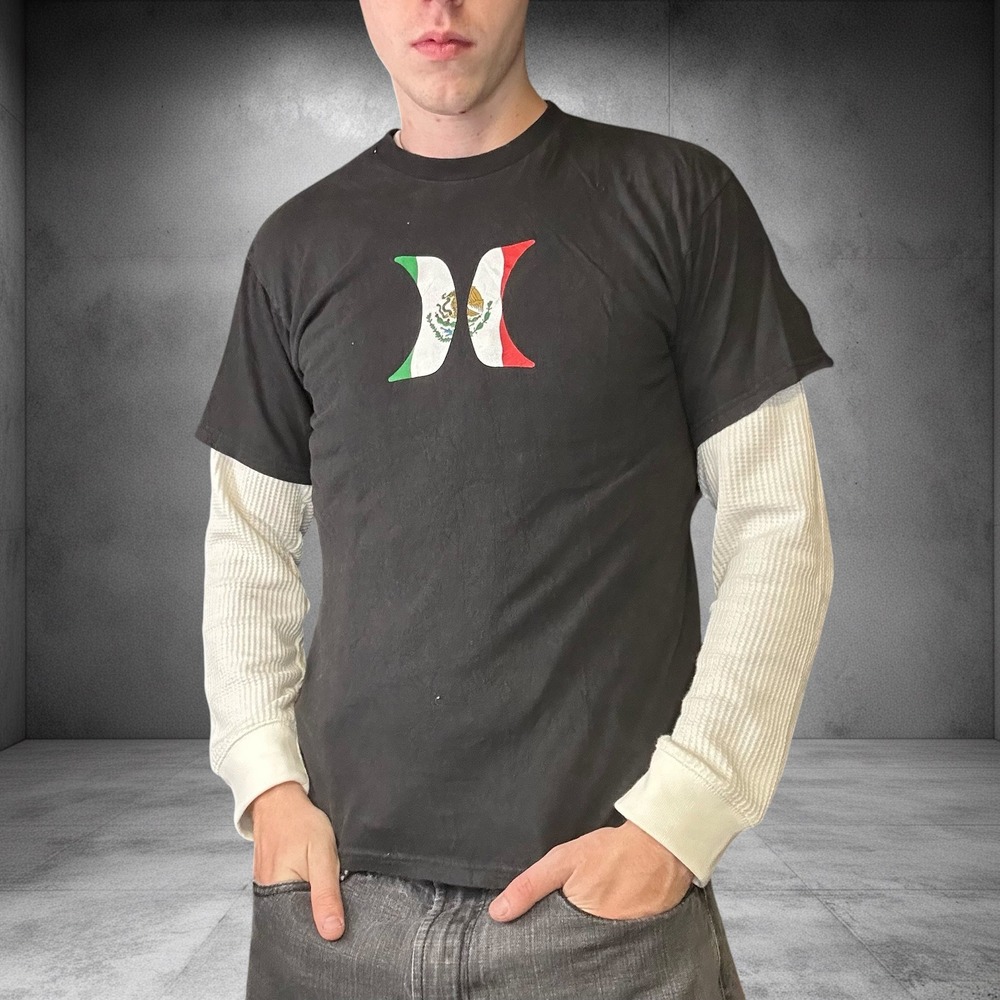 Hurley Mexico Flag Logo T-Shirt Mens Medium Black Y2K Skater Streetwear